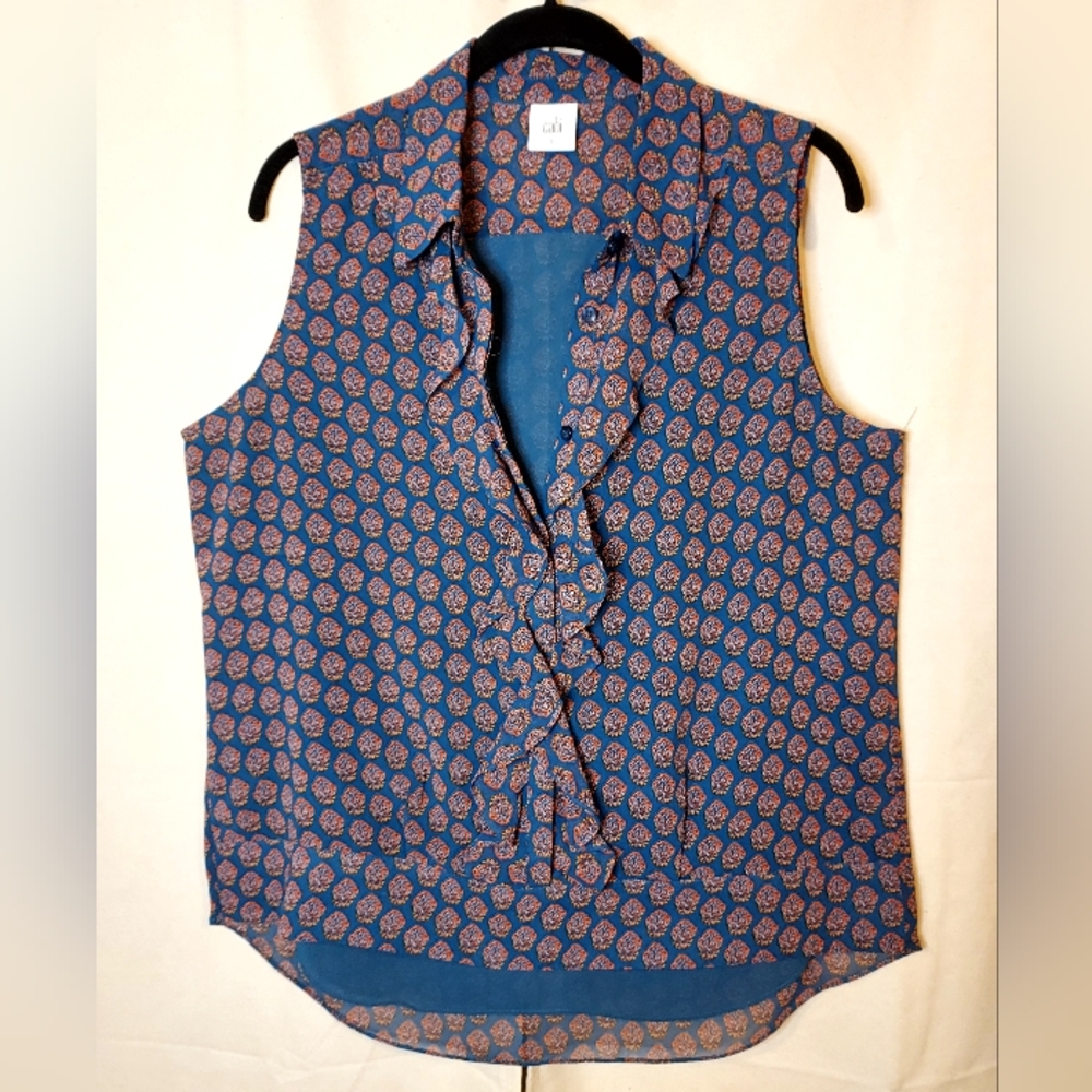 CAbi Blue and Orange Sleeveless Blouse